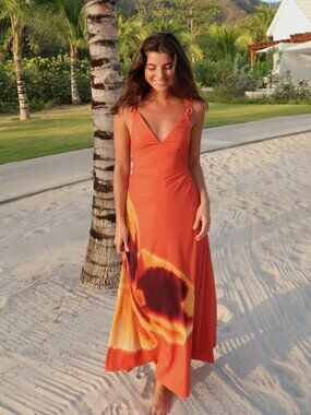 Dipped-Waist Hardware Maxi Dress (Orange Floral)